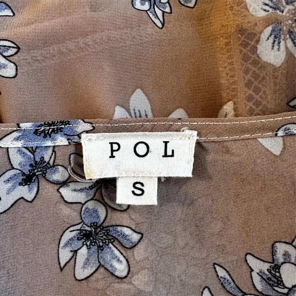 POL Beige Velvet Blue Sheer Floral Blouse Deep V-Neck Long Bell Sleeve Blouse - Picture 5 of 9